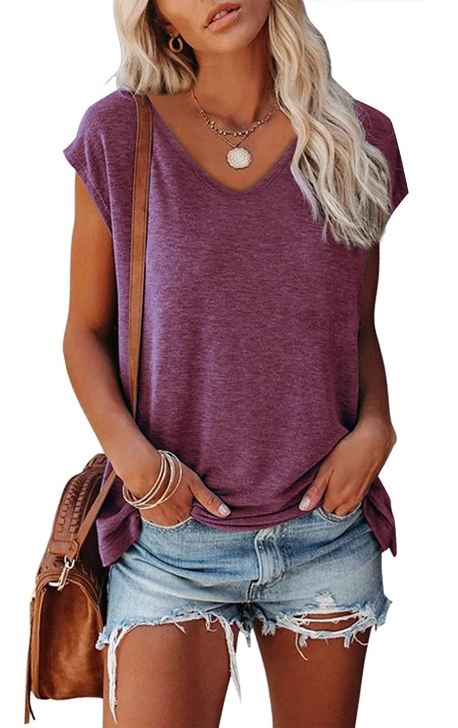 Women's Cap Sleeve V-neck Solid Color Casual Loose-fitting T-shirt - Chic Angle